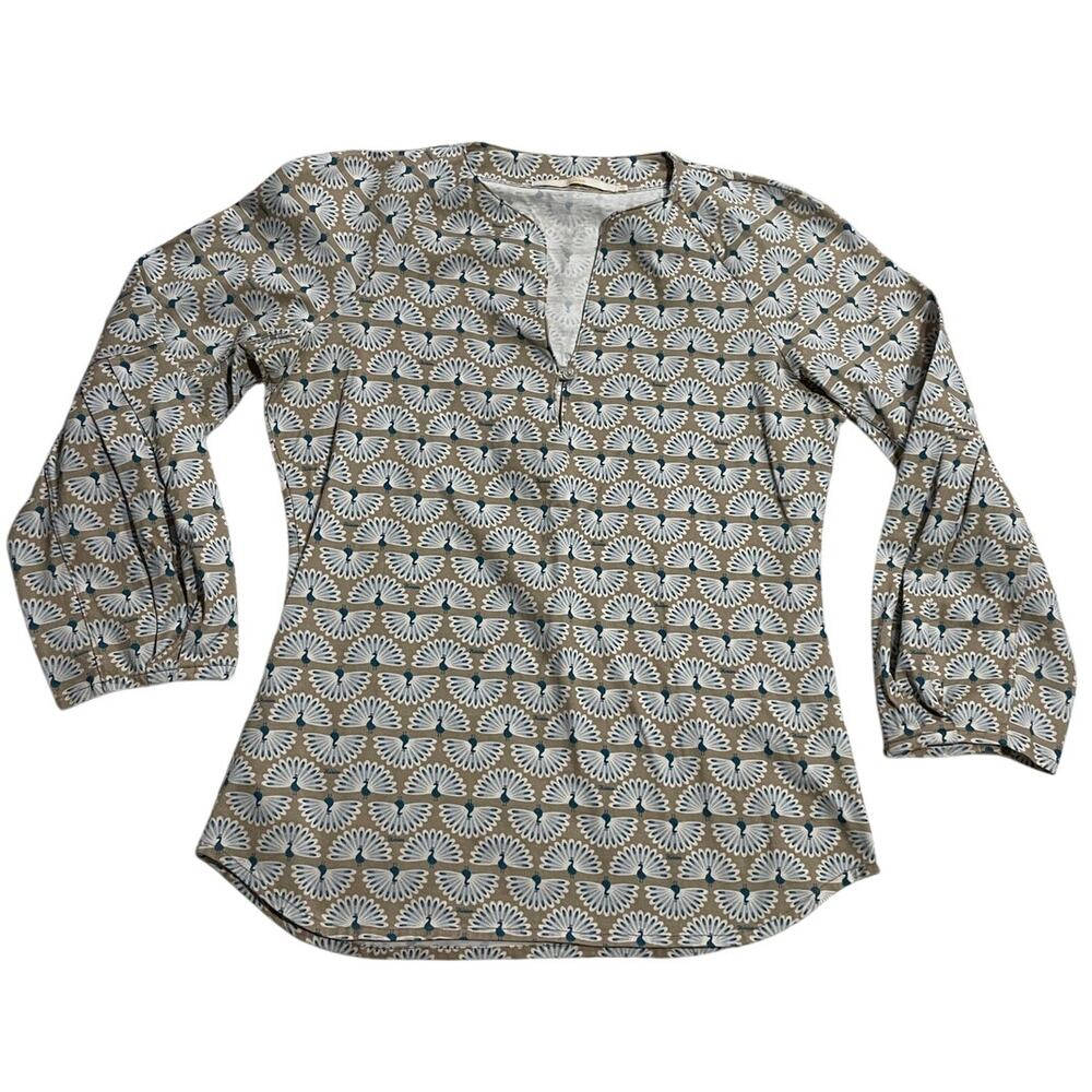 Herion Top Split Neck Long Sleeve Peacock Blouse Womens Sz 42 Medium Tan Italy